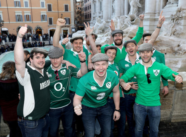 Ireland fans enjoy the atmosphere in Rome at the Trevi Fountain