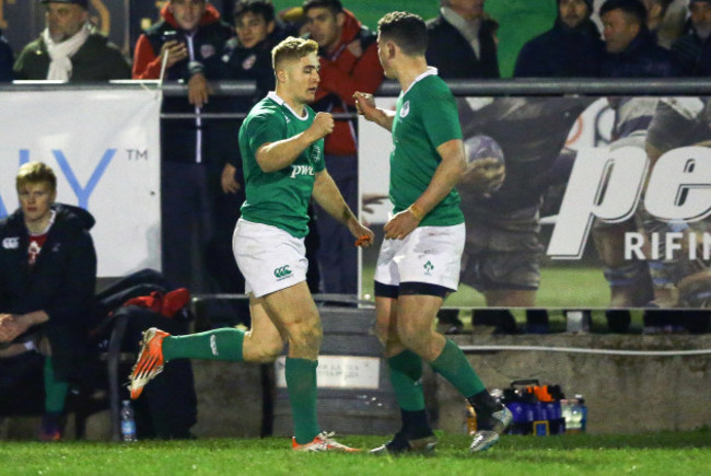 Jordan Larmour celebrates after scoring a try