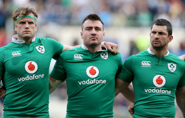 Jame Heaslip, Niall Scannell and Rob Kearney during the National Anthem