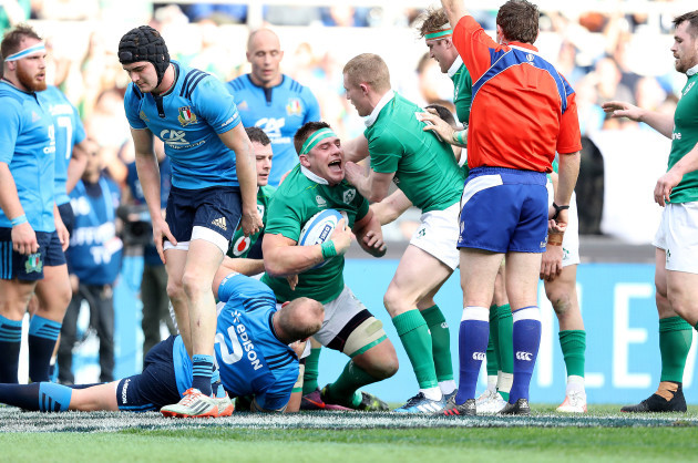 CJ Stander celebrates scoring their fourth try with Keith Earls