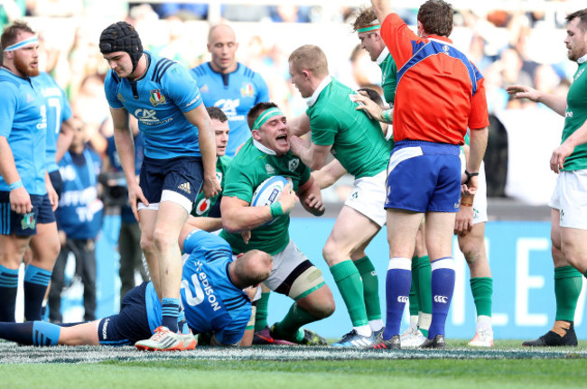 CJ Stander celebrates scoring their fourth try with Keith Earls
