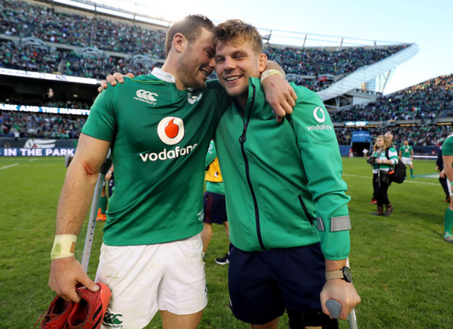 Jordi Murphy and Robbie Henshaw celebrate winning