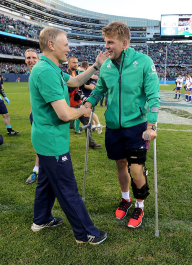 Joe Schmidt and Jordi Murphy celebrate winning