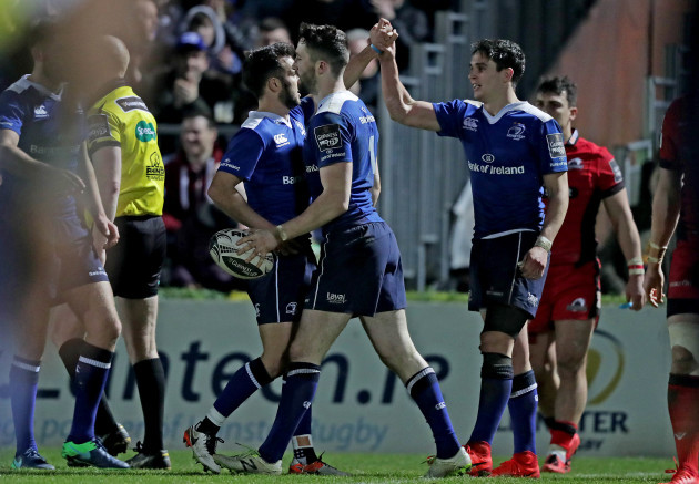 Joey Carbery and Jamison Gibson-Park celebrate Barry Daly's try