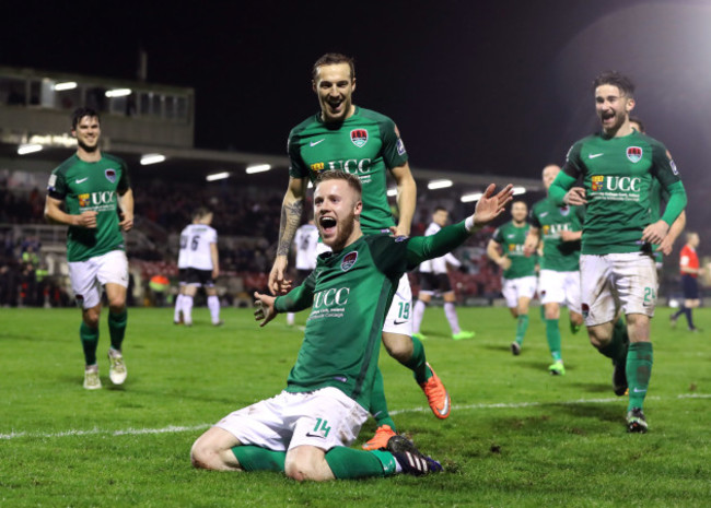 Kevin O'Connor celebrates scoring their second goal from a free kick with Karl Shepard and Sean Maguire