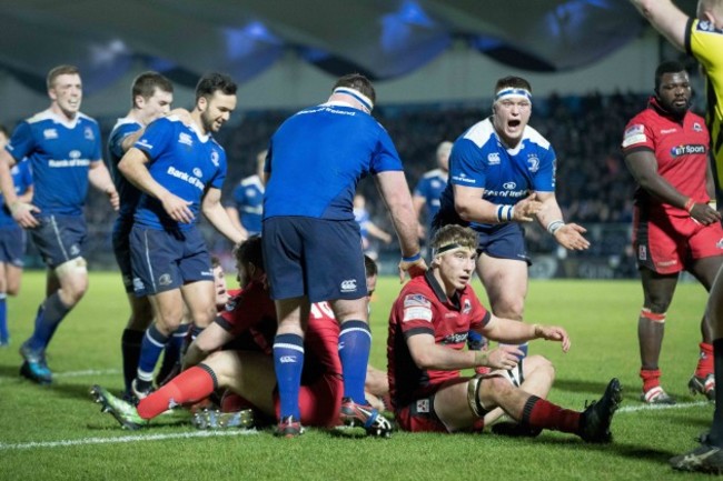 Leinster players celebrate Bryan Byrne's try