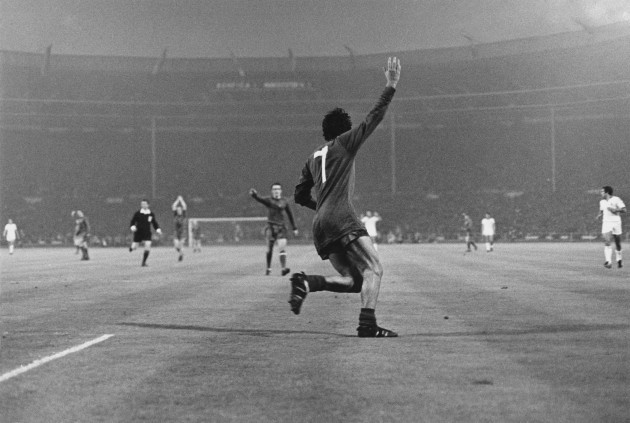 Football. European Cup Final. Wembley. 29th May 1968. Manchester United 4 v Benfica 1 (after extra time).George Best turns to celebrate after scoring Manchester United's 2nd. Goal.