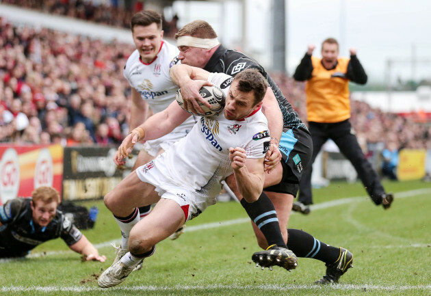 Tommy Bowe goes over in the corner for a try