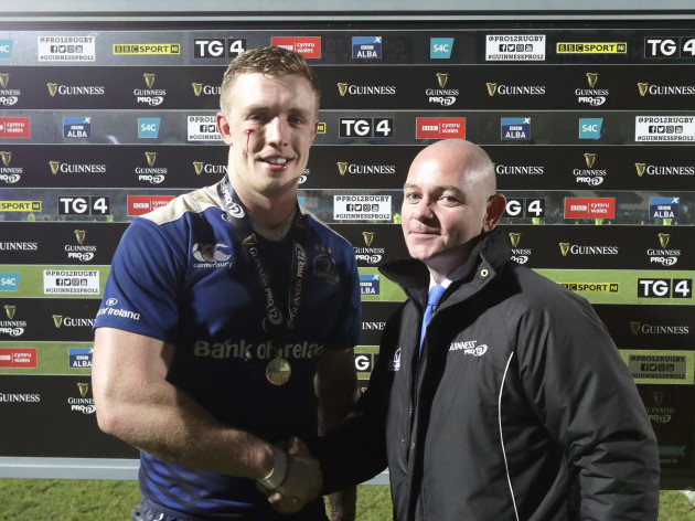 Dan Leavy receives the Guinness PRO12 Man of the Match award from Joe O'Reilly