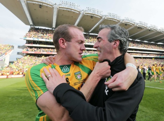 Jim McGuinness celebrates with Neil Gallagher