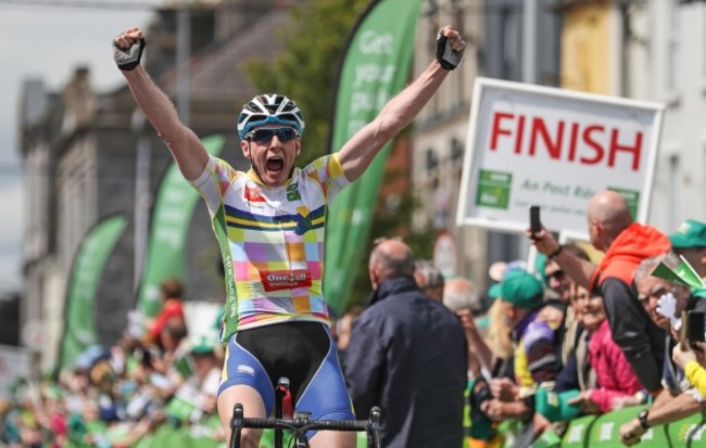 Eoin Morton celebrates winning the second stage of the Ras