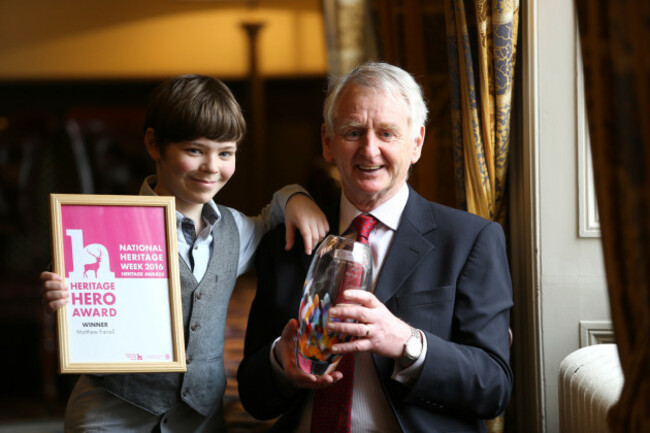 Minister Heather Humphreys announces Matt Farrell from Co. Longford as Ireland?s Heritage Hero. Pictured at the Heritage Council?s Heritage Awards Ceremony in Dublin were Ireland?s Heritage Hero Matt Farrell and his grandson Jamie Penrose, aged 10.
