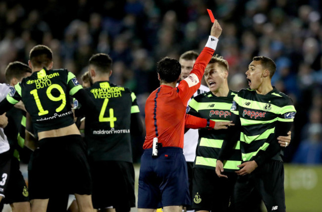 Graham Burke is shown a straight red card by Referee Neil Doyle