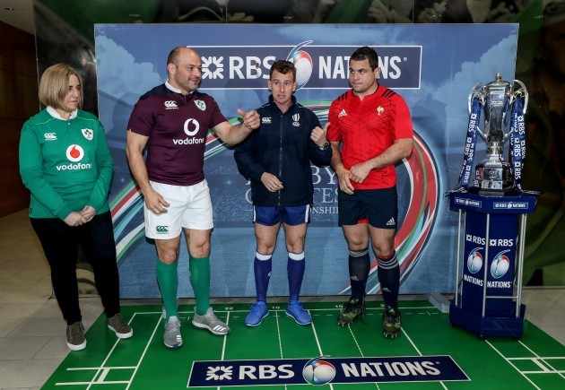 Cara Cunningham with Nigel Owens, Rory Best and Guilhem Guirado at the coin toss