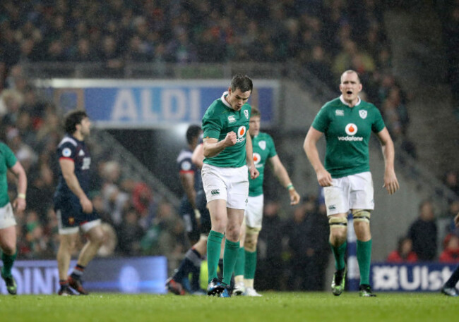 Jonathan Sexton celebrates kicking a drop goal