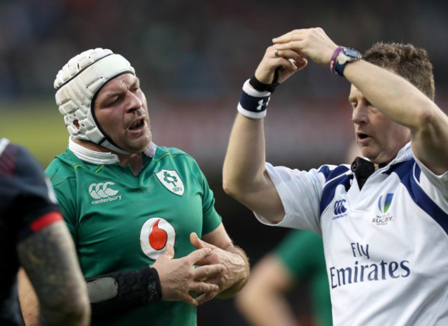 Rory Best speaks with Nigel Owens