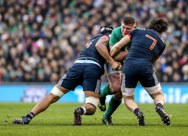 Tadhg Furlong with Kévin Gourdon and Sébastien Vahaamahina