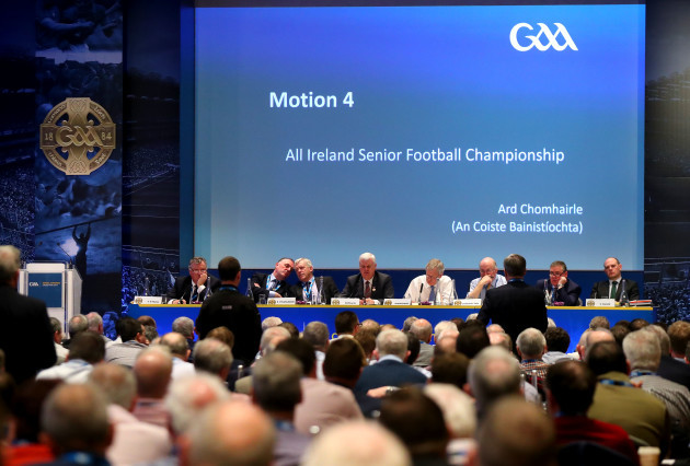 A view of delegates discussing Motion 4, All Ireland Senior Football Championship
