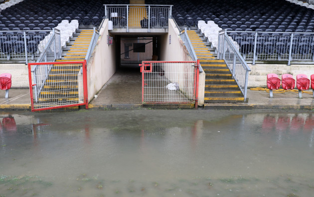 A view of Healy Park after the match was abandoned due to a waterlogged pitch