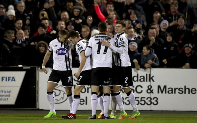 Ciaran Kilduff celebrates with Patrick McEleney, Michael Duffy and Sean Gannon after scoring their second goal