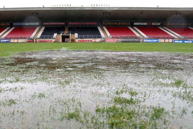 A view of Healy Park after the match was abandoned due to a waterlogged pitch