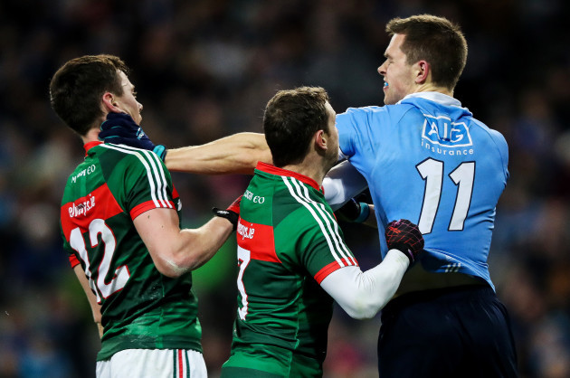 Dean Rock gets in a tussle with Diarmuid O’Connor and Keith Higgins
