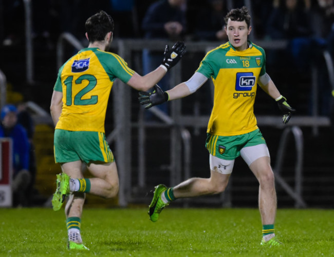 Eoin McHugh celebrates scoring a goal with Ryan McHugh