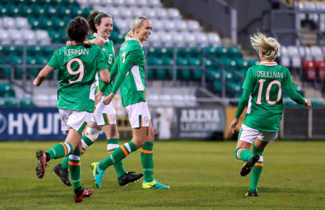 Stephanie Roche celebrates scoring a goal with Leanne Kiernan, Karen Duggan and Denise O'Sullivan