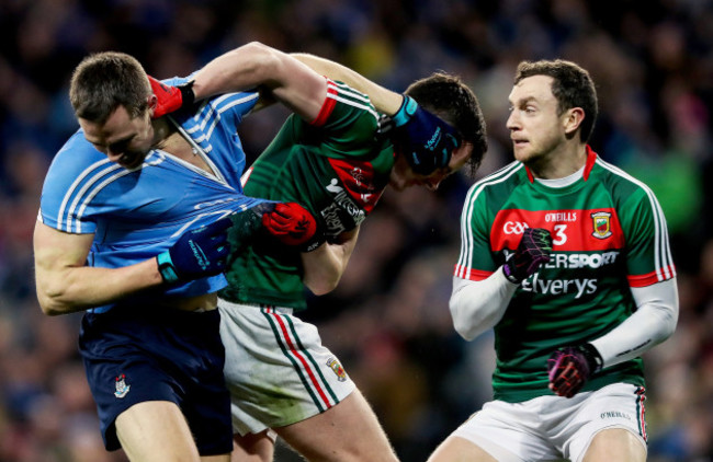 Dean Rock gets in a tussle with Diarmuid O&rsquo;Connor