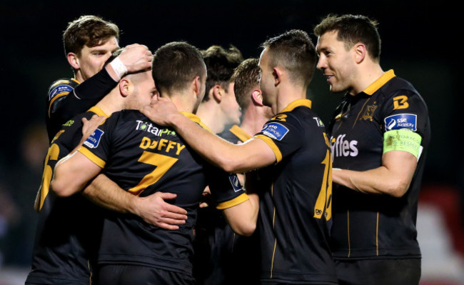 Thomas Stewart celebrates scoring his side fourth goal with team mates