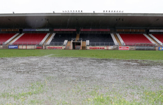 A view of Healy Park after the match was abandoned due to a waterlogged pitch