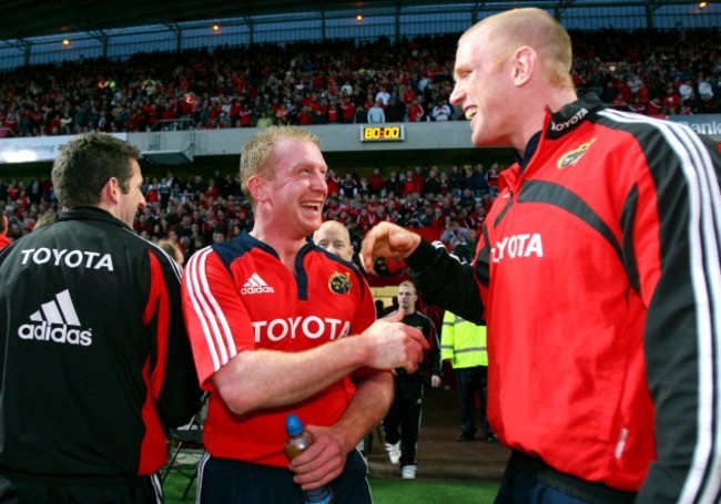 Paul O'Connell and Anthony Horgan celebrate after the game 15/5/2009