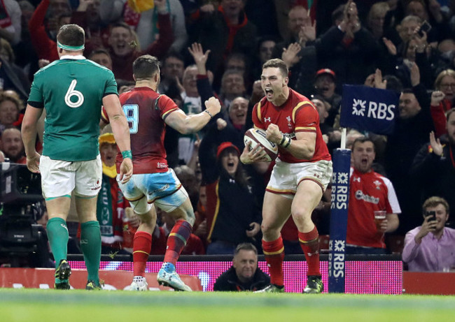 George North celebrates scoring their second try with Rhys Webb