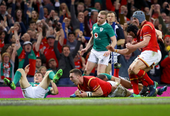George North celebrates scoring their first try