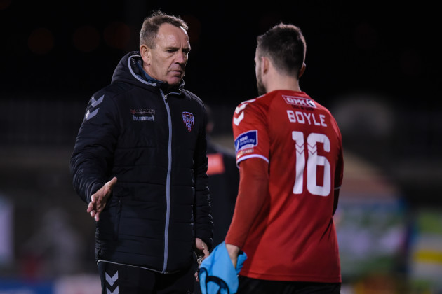 Kenny Shiels and Nathan Boyle at end of the game