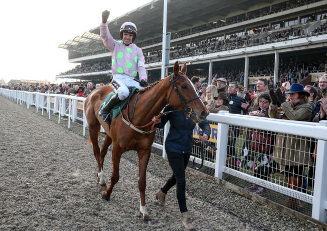 Ruby Walsh celebrates winning the Mares' Novices Hurdle on Limini