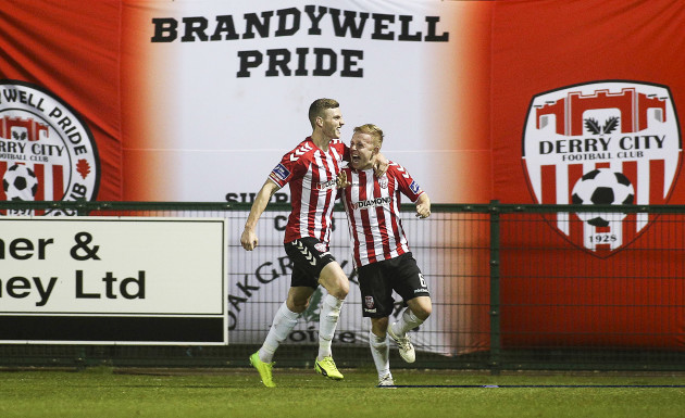 Harry Monaghan and Nicky Low celebrate Nathan Boyle's goal