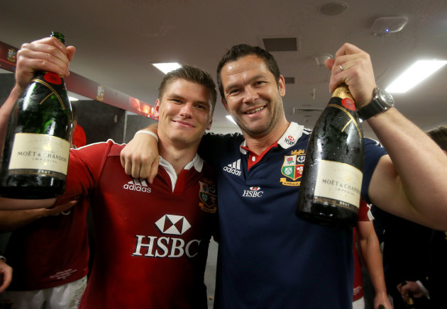 Owen Farrell and Andy Farrell celebrate