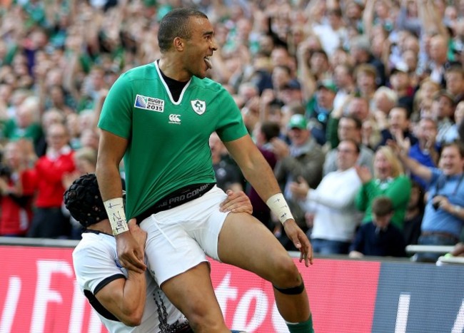 Simon Zebo celebrates a a try which is later disallowed