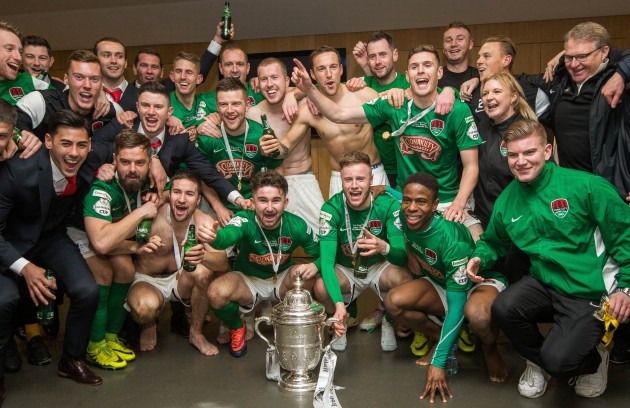 Cork celebrate winning The Irish Daily Mail FAI Cup in the dressing rooms