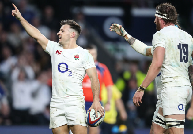 Danny Care celebrates scoring his second try