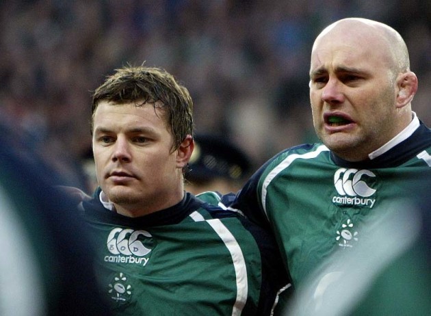 Brian O'Driscoll and John Hayes during the national anthem