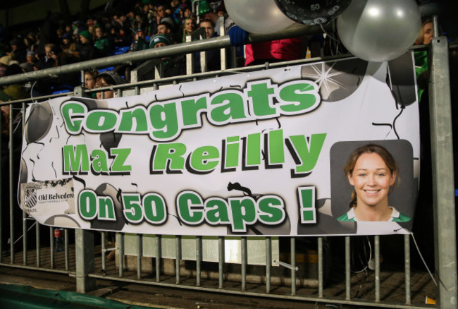 A banner congratulating Ireland's Marie-Louise Reilly on winning her 50th Irish cap