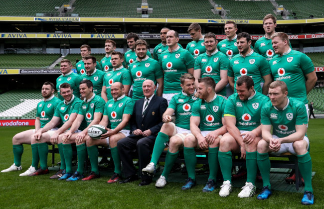 Jamie Heaslip and Sean O'Brien share a joke during the team photograph