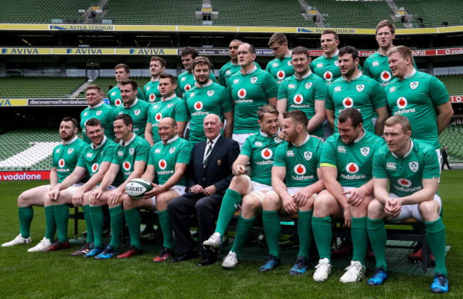 Jamie Heaslip and Sean O'Brien share a joke during the team photograph