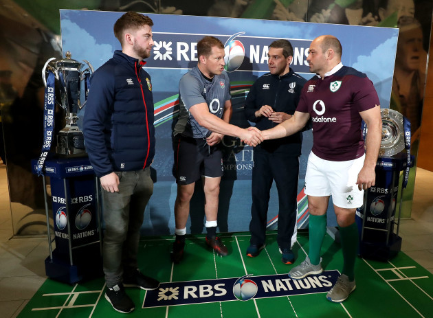 Jerome Garces with Dylan Hartley, Rory Best and the RBS coin toss experience winner Gareth Jordon at the coin toss