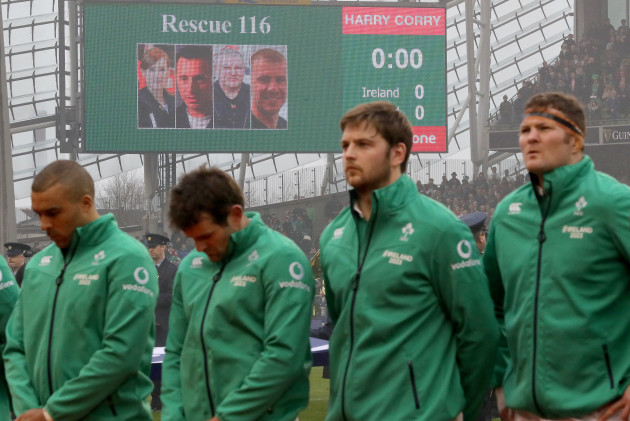 The Ireland team stand for a minute's silence in memory of Captain Dara Fitzpatrick of Rescue Team 116