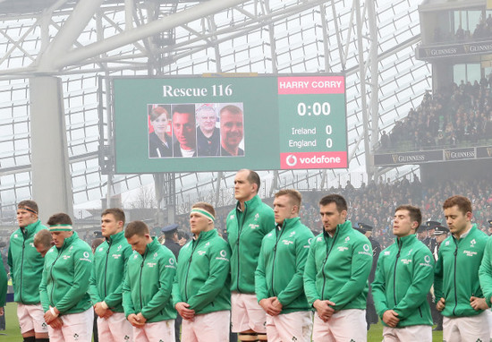 The Ireland team stand for a minute's silence in memory of Captain Dara Fitzpatrick of Rescue Team 116