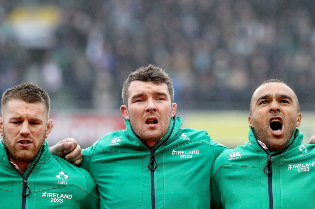 Sean O'Brien, Peter O'Mahony and Simon Zebo during the national anthems