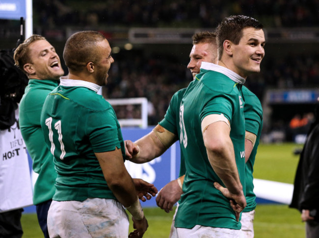 Jamie Heaslip, Simon Zebo, Sean O&rsquo;Brien and Johnny Sexton celebrate after the game